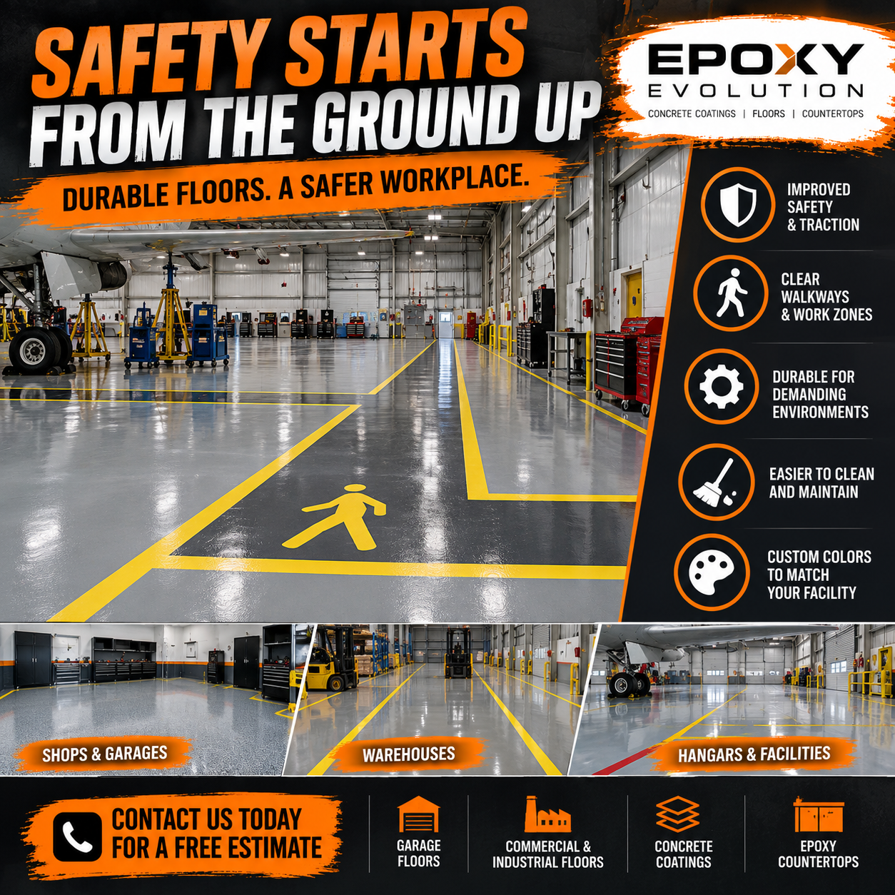 Epoxy Evolution commercial flooring promotional graphic: Safety starts from the ground up. Illustrated facility flooring with yellow walkways, shops, warehouses, and hangars.