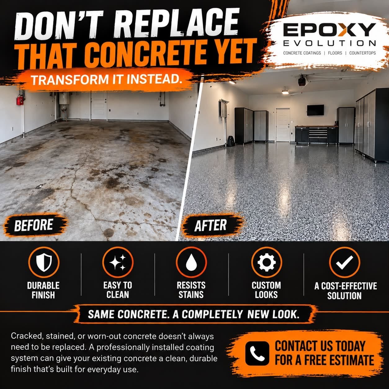 Epoxy Evolution before-and-after graphic showing worn garage concrete and a decorative flake finish. Don’t replace that concrete yet—transform it instead.