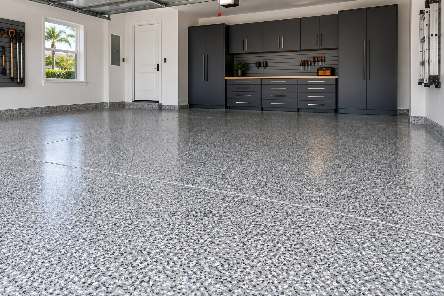 Illustrative example of a decorative flake garage finish